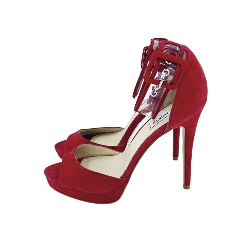Steve Madden Red Shoes Suede Leather Platform Pump Ankle Strap Sz 9 New - Picture 10 of 12